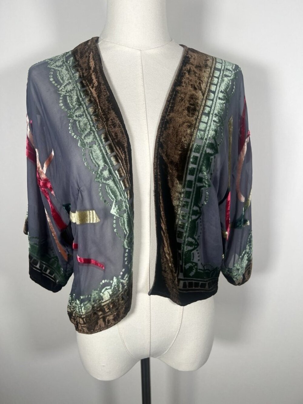 Vintage Y2K Jayley velvet burnout open silk blend cardigan jacket festival OS